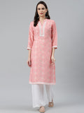 Jompers Women Pink & Off White Floral Printed Kurta