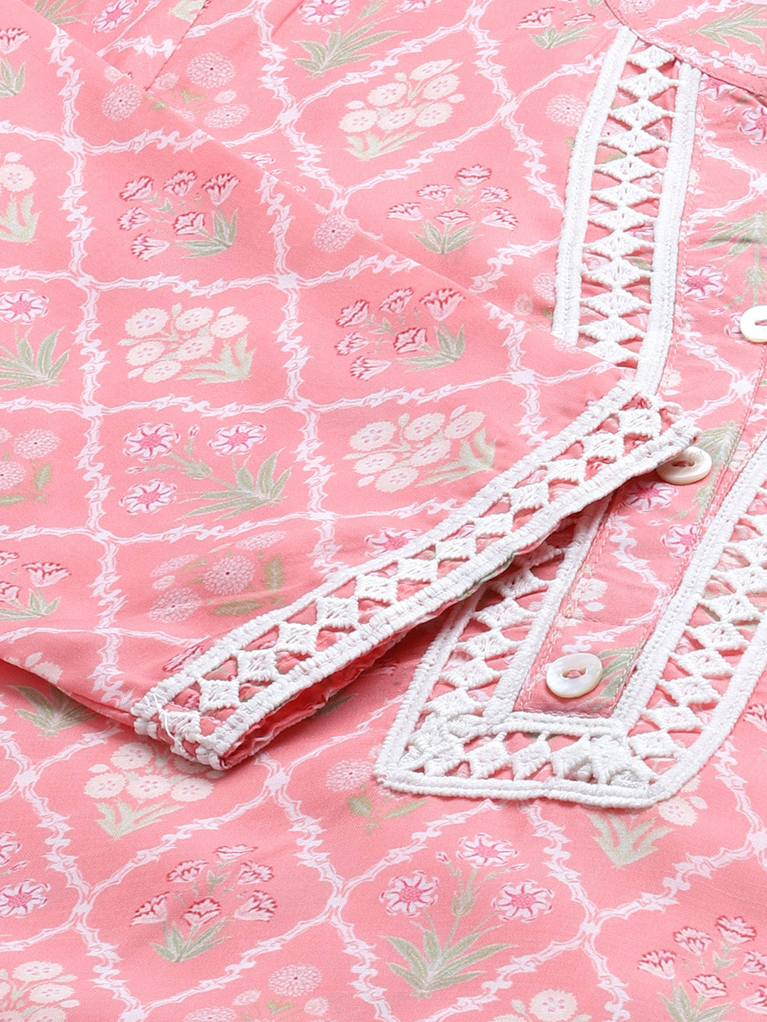 Jompers Women Pink & Off White Floral Printed Kurta