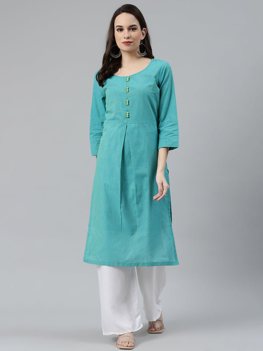 Jompers Women Blue Woven Design Pure Cotton Straight Pleated Kurta