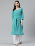Jompers Women Blue Woven Design Pure Cotton Straight Pleated Kurta