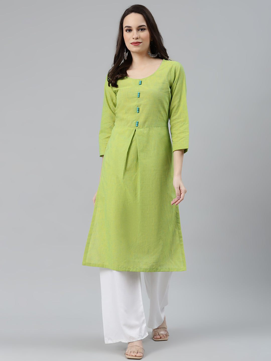 Jompers Women Green Woven Design Pure Cotton Straight Pleated Kurta