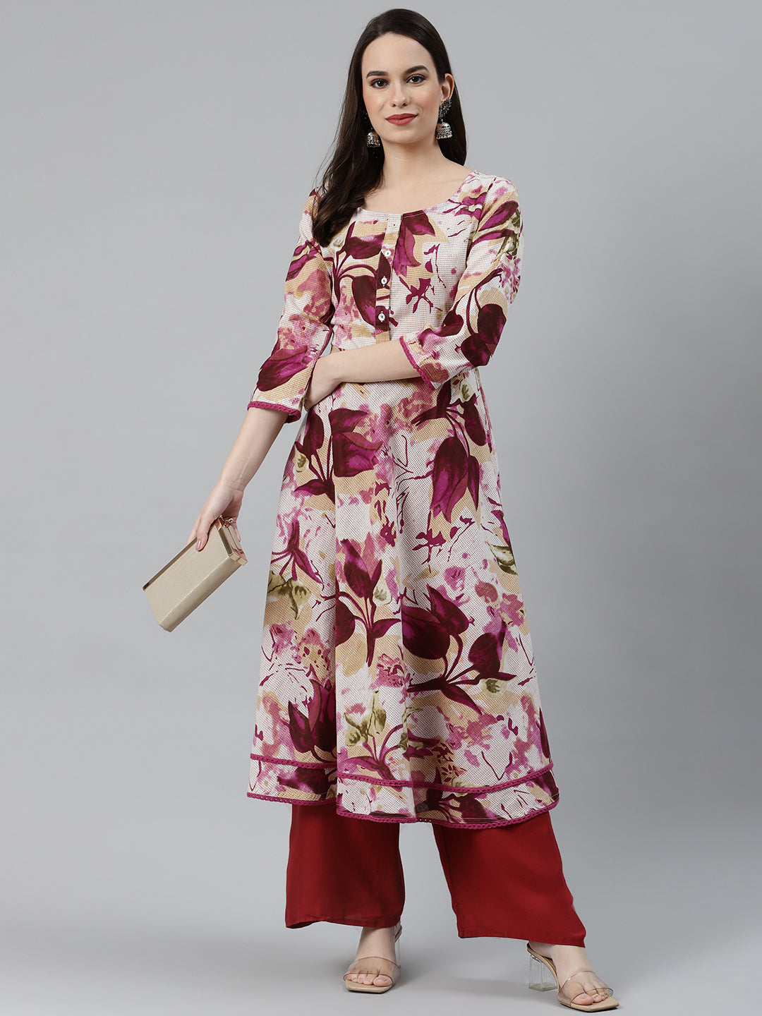 Jompers Women Off White & Purple Floral Printed Floral Anarkali Kurta