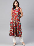 Jompers Women Maroon & Blue Ethnic Motifs Printed Flaired Kurta
