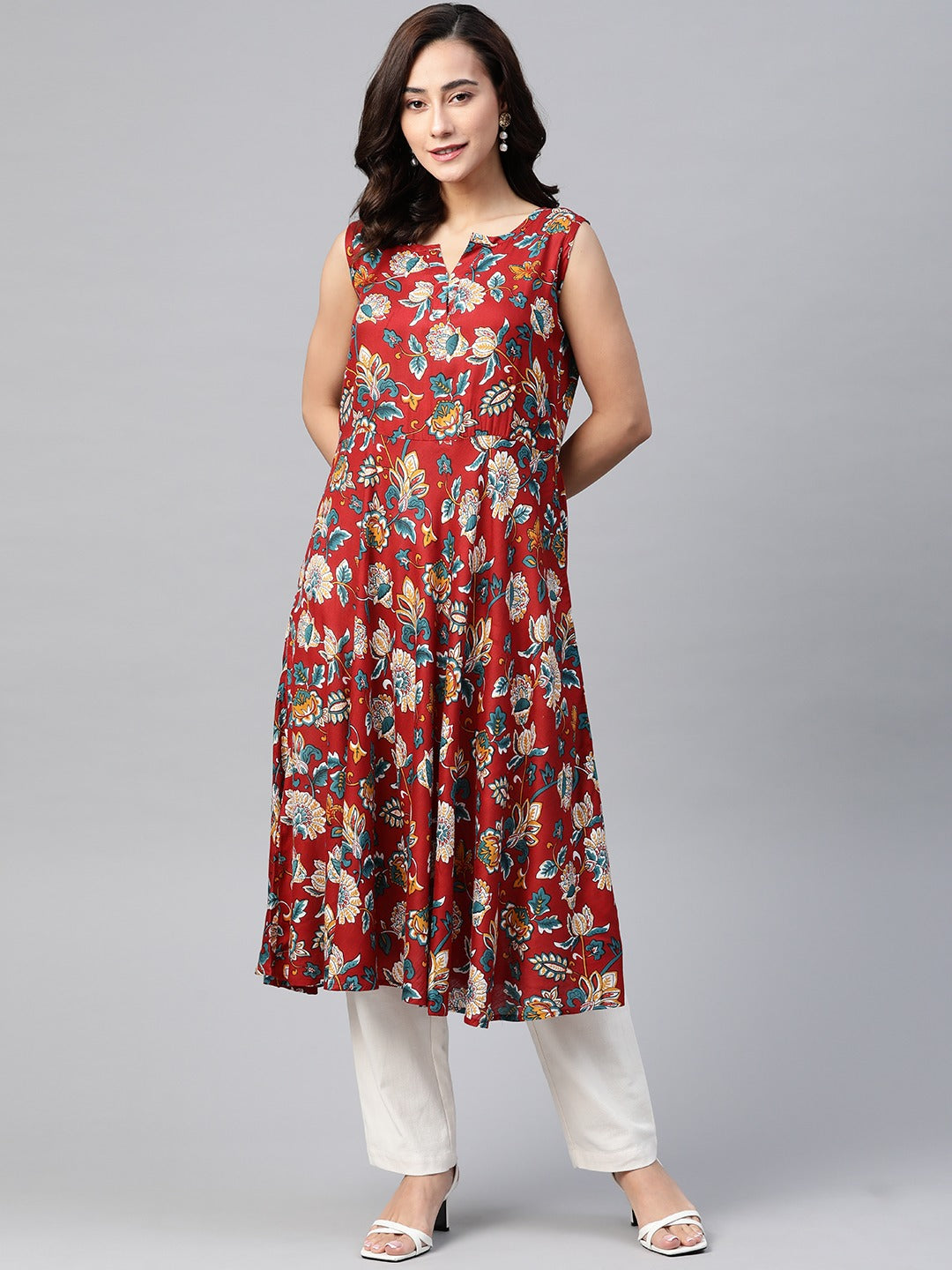 Jompers Women Maroon & Blue Ethnic Motifs Printed Flaired Kurta