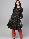 Jompers Women Black & Mustard Yellow Floral Printed A-Line Kurta