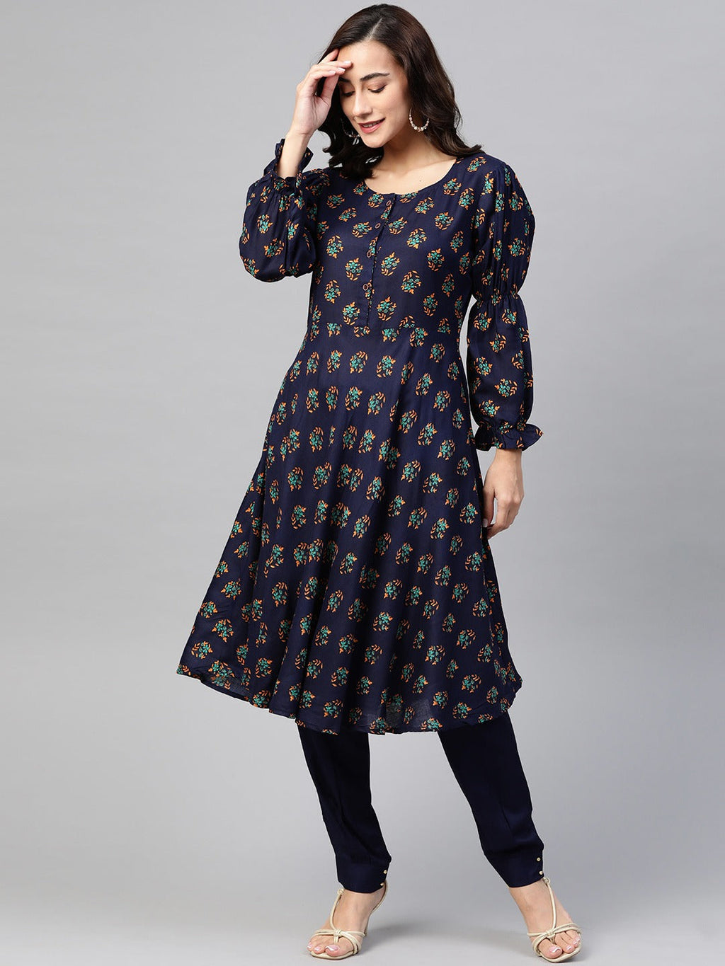 Jompers Women Navy & Mustard Yellow Floral Printed A-Line Kurta