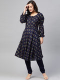 Jompers Women Navy & Mustard Yellow Floral Printed A-Line Kurta