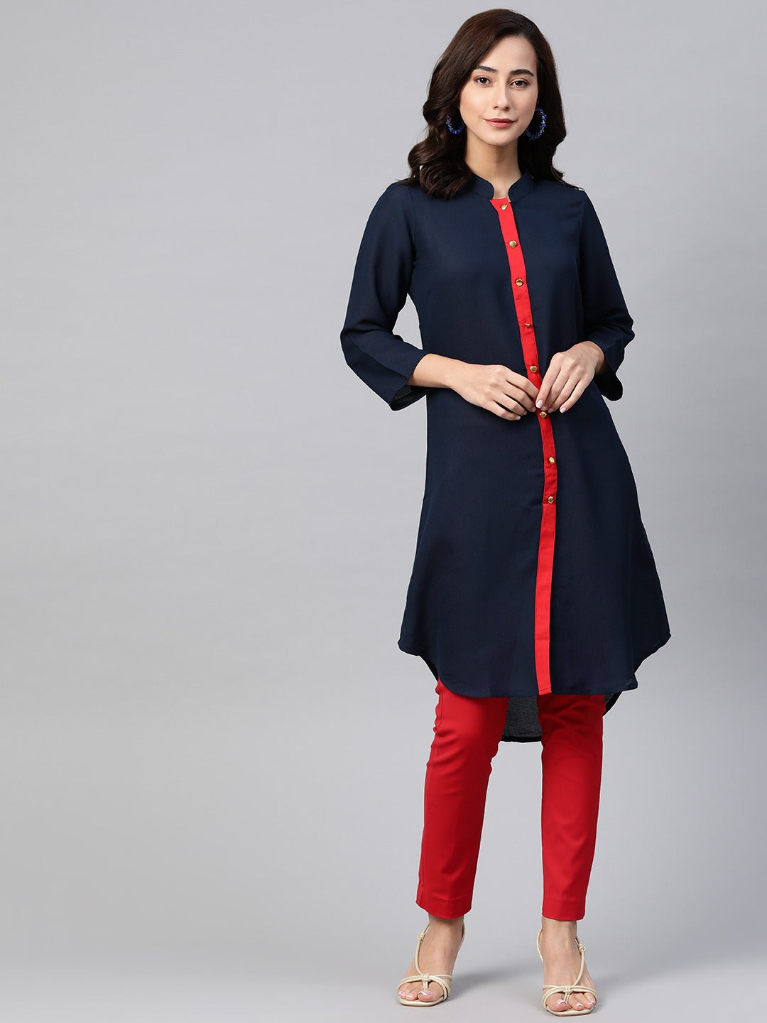 Jompers Women Navy Blue & Red Solid A-line Kurta