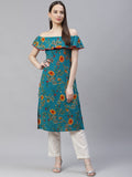 Jompers Women Rama-Green & Yellow Floral Printed Straight Kurta