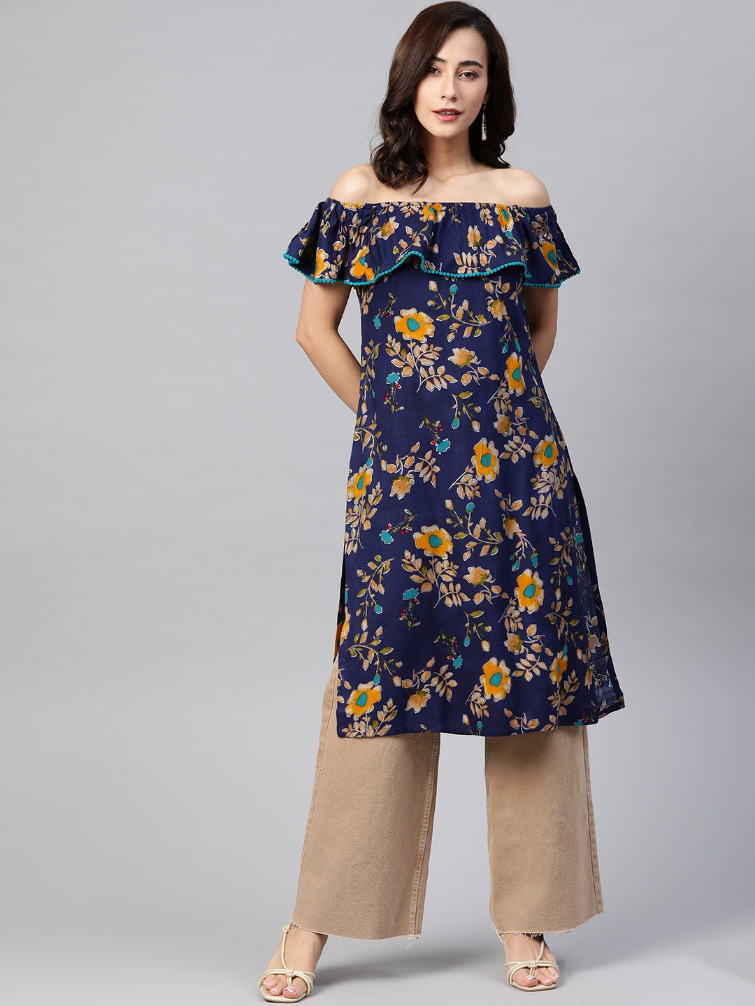 Jompers Women Navy Blue & Yellow Floral Printed Straight Kurta