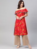 Jompers Women Red & Yellow Floral Printed Straight Kurta