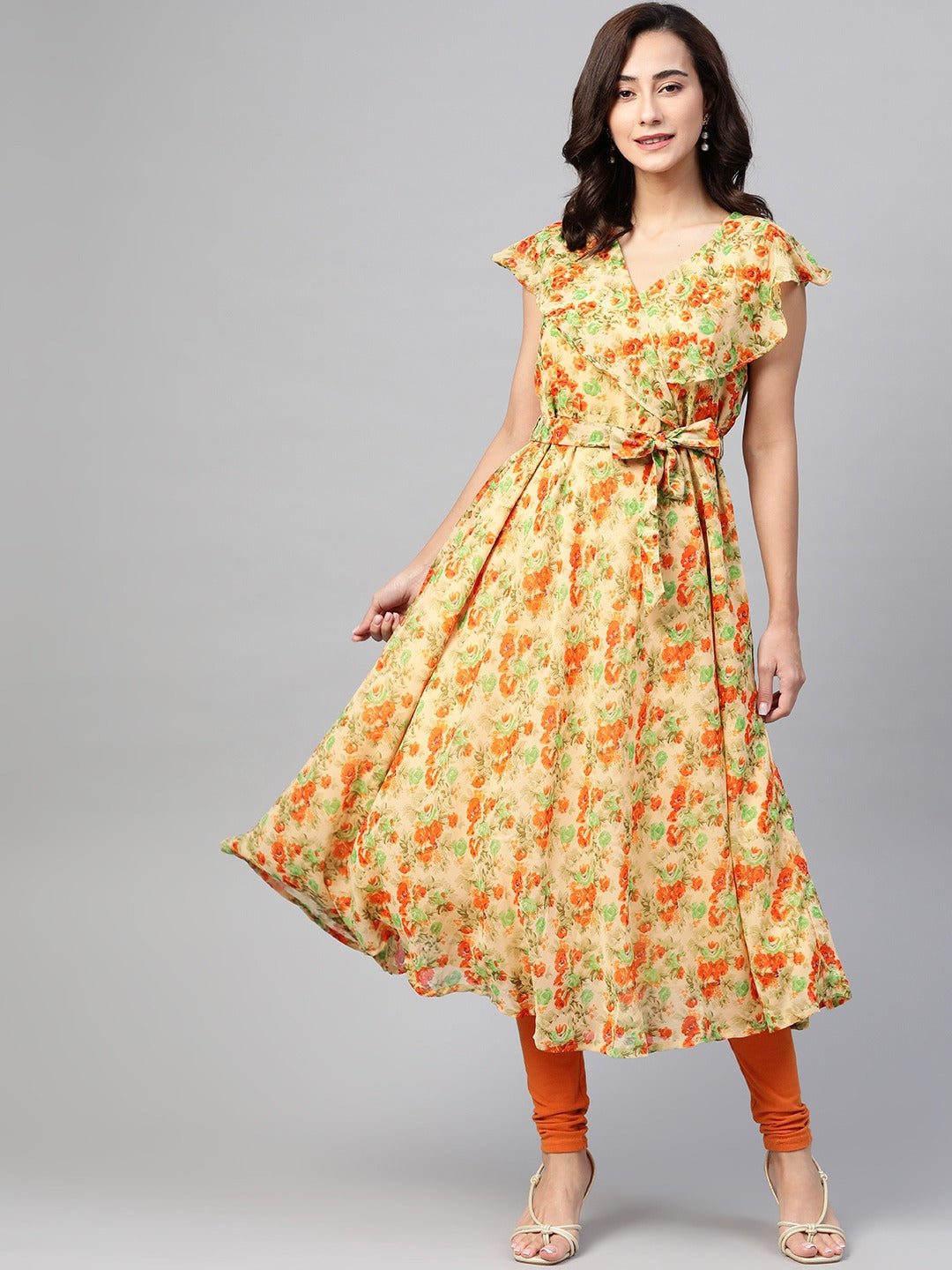 Jompers Women Beige, Orange & Green Floral Printed Georgette Kurta