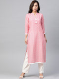Jompers Women Pink & Off White Pure Cotton Ethnic Motifs Printed Kurta