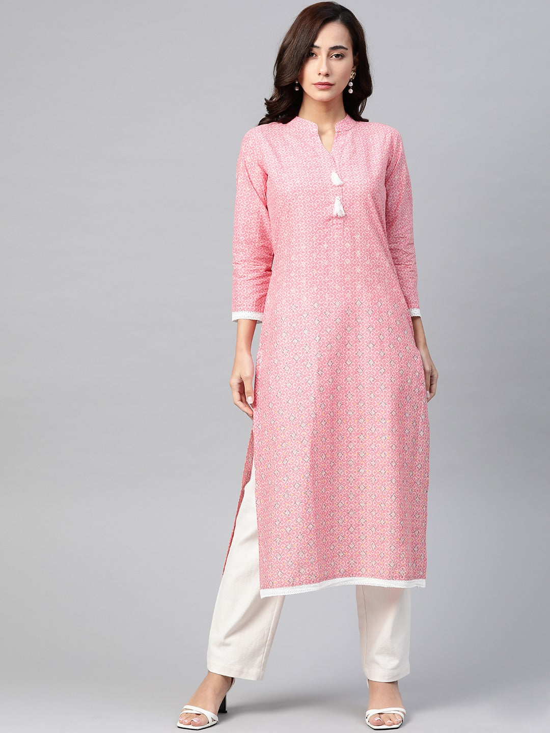 Jompers Women Pink & Off White Pure Cotton Ethnic Motifs Printed Kurta