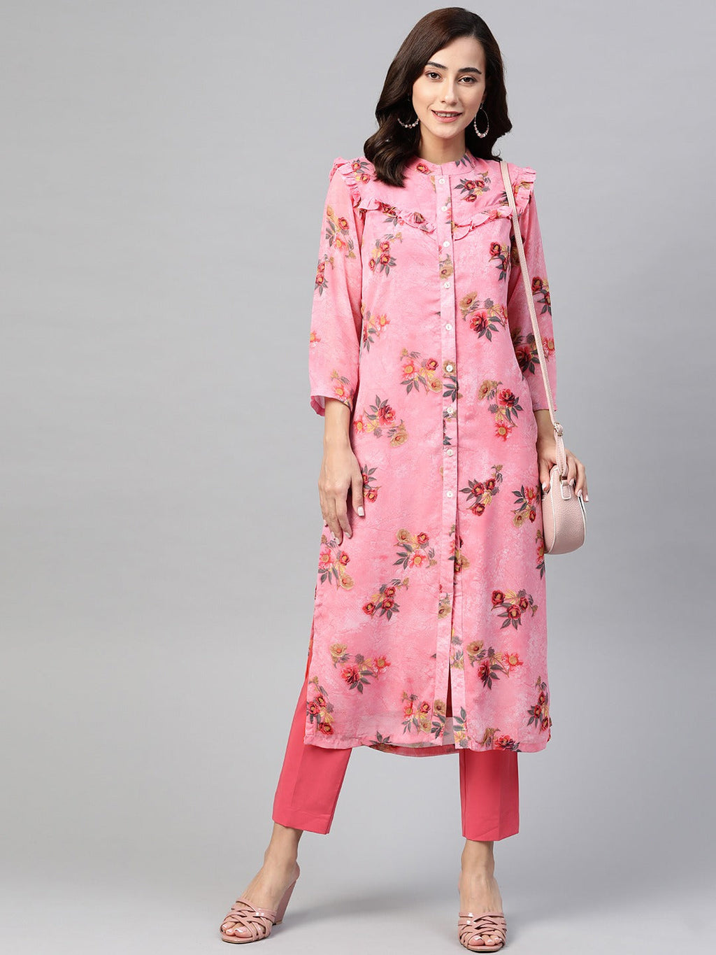 Jompers Women Pink & Olive Green Floral Printed Frills Straight Kurta