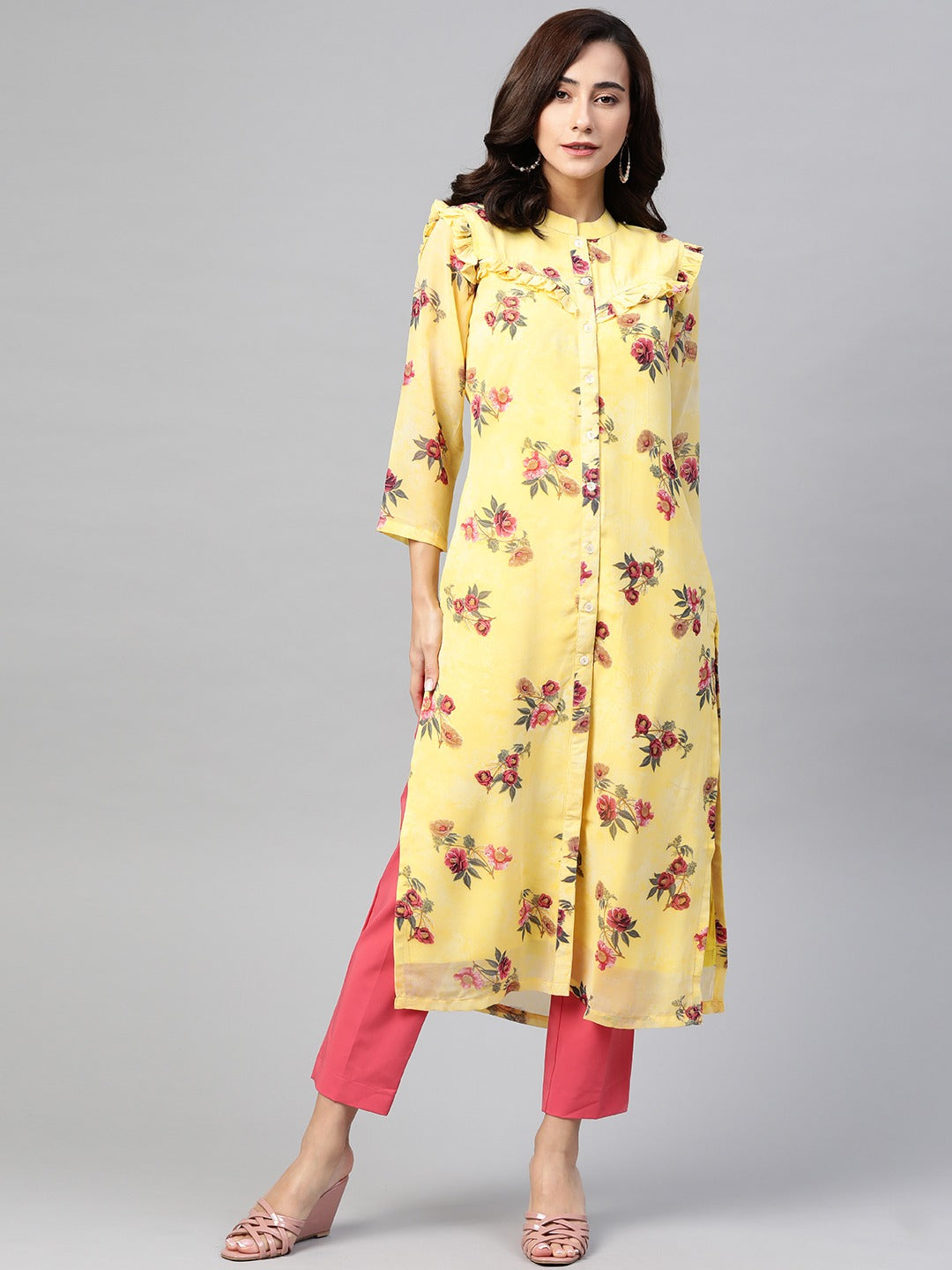 Jompers Women Yelloe & Pink Floral Printed Frills Bows and Ruffles Straight Kurta