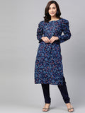 Jompers Women Navy Blue & Red Floral Printed Floral Straight Kurta