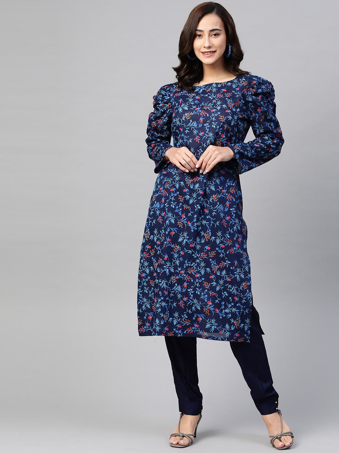 Jompers Women Navy Blue & Red Floral Printed Floral Straight Kurta
