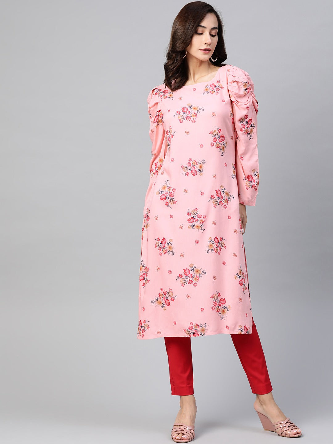 Jompers Women Pink & Red Floral Printed Kurta