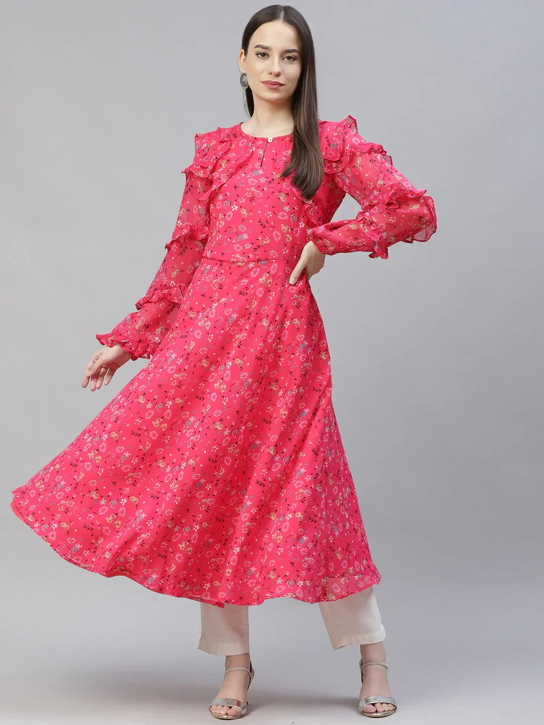 Jompers Women's Pink Ditsy Floral Printed Floral Georgette Anarkali Kurta with Frills