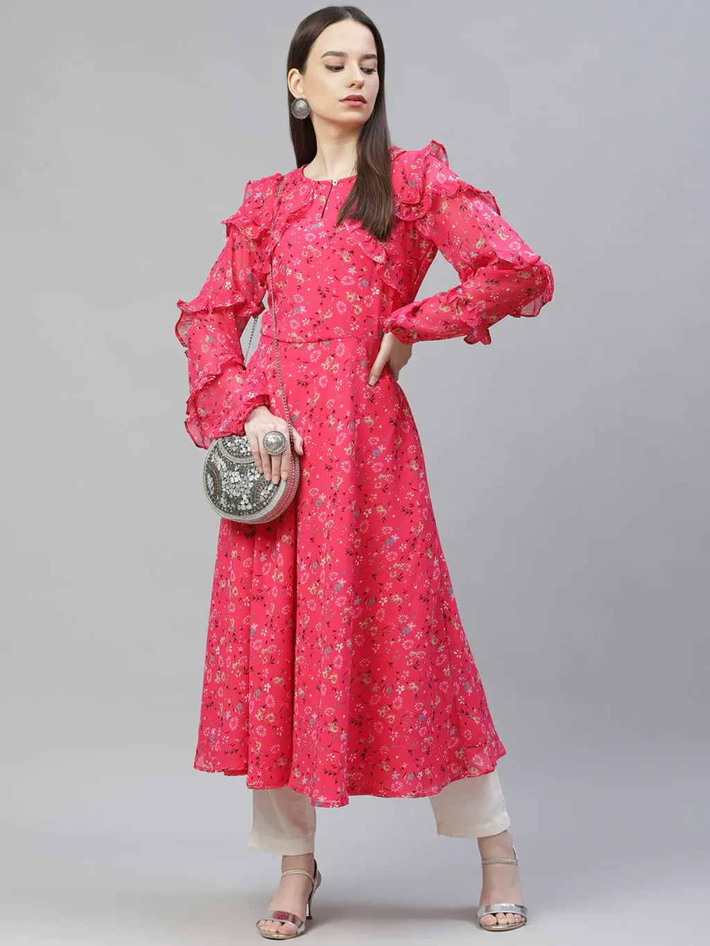 Jompers Women's Pink Ditsy Floral Printed Floral Georgette Anarkali Kurta with Frills