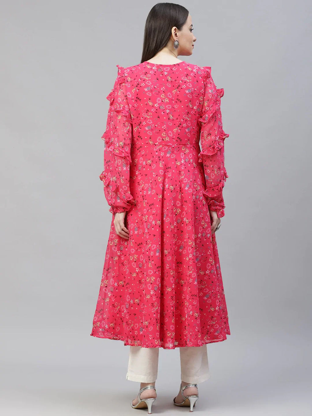 Jompers Women's Pink Ditsy Floral Printed Floral Georgette Anarkali Kurta with Frills