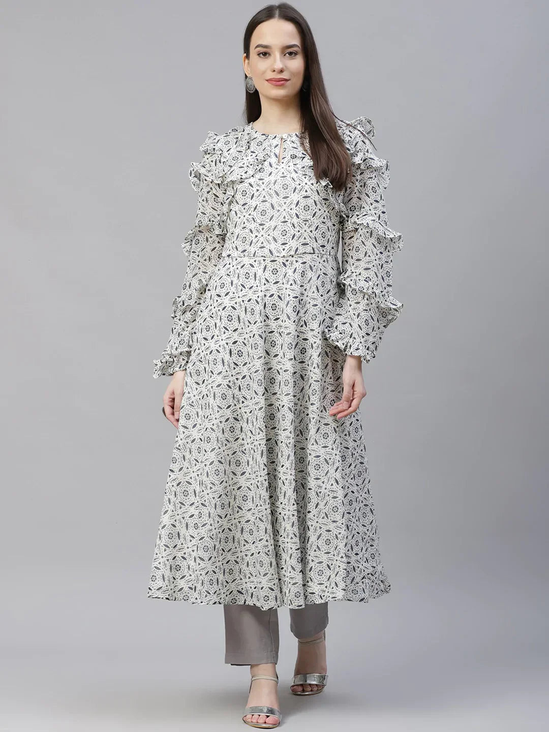 Jompers Women's White Geometric Printed Anarkali Kurta with Frills