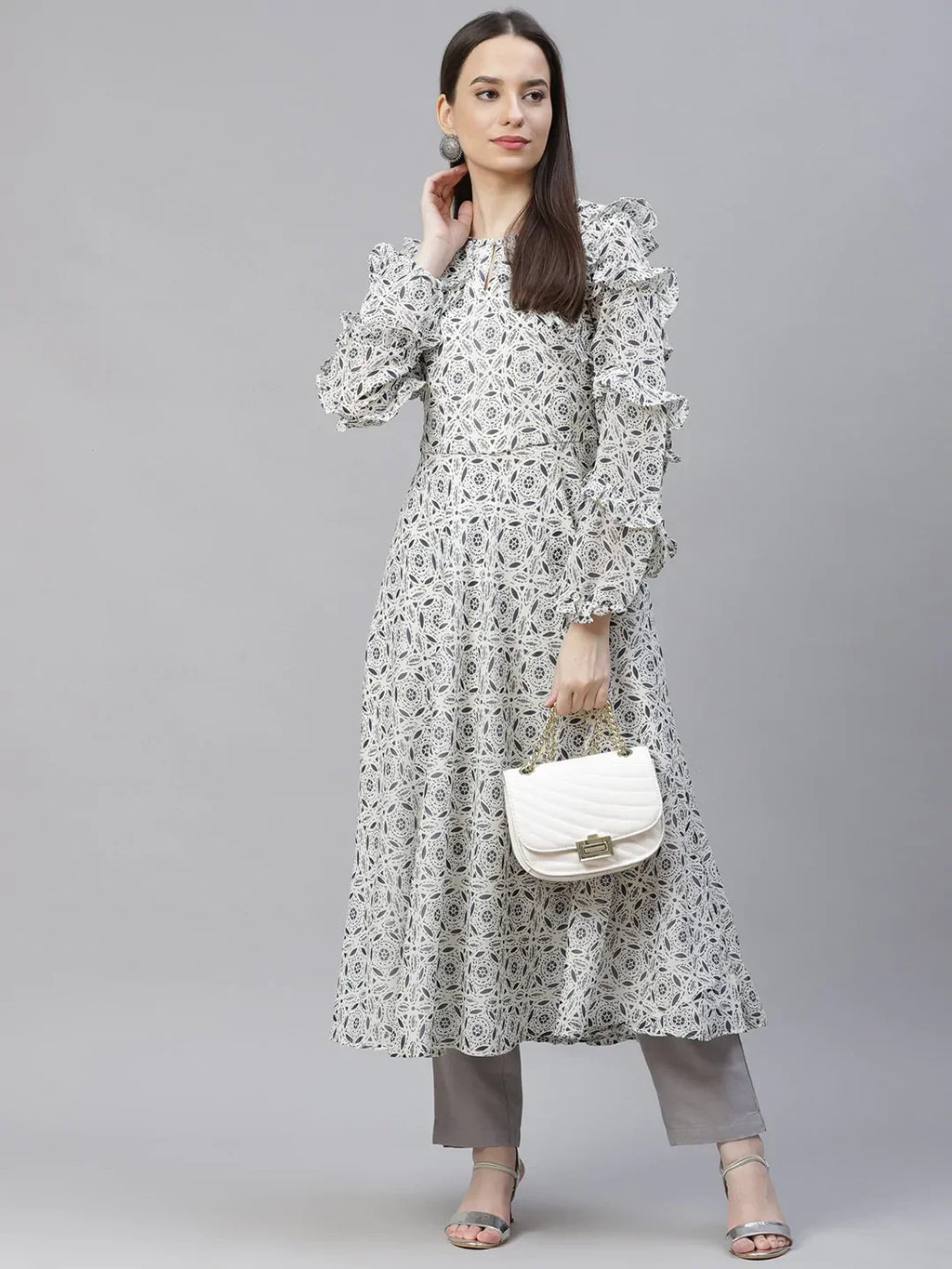 Jompers Women's White Geometric Printed Anarkali Kurta with Frills