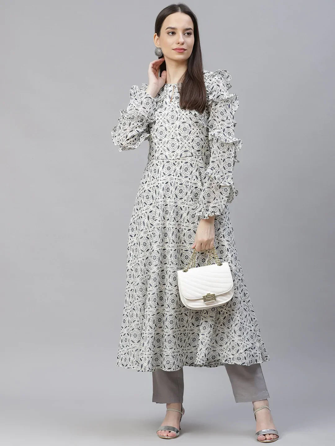 Jompers Women's White Geometric Printed Anarkali Kurta with Frills
