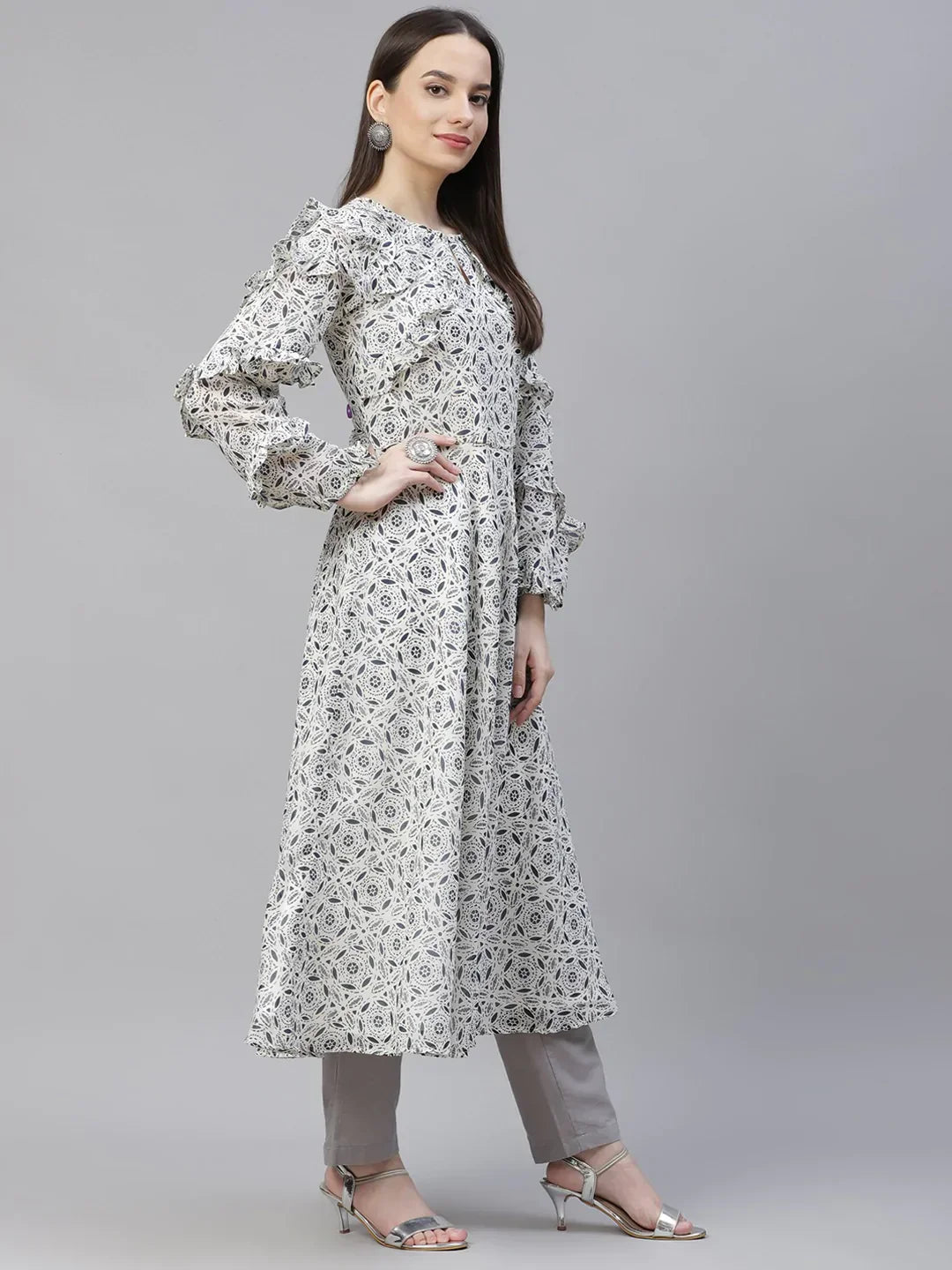 Jompers Women's White Geometric Printed Anarkali Kurta with Frills
