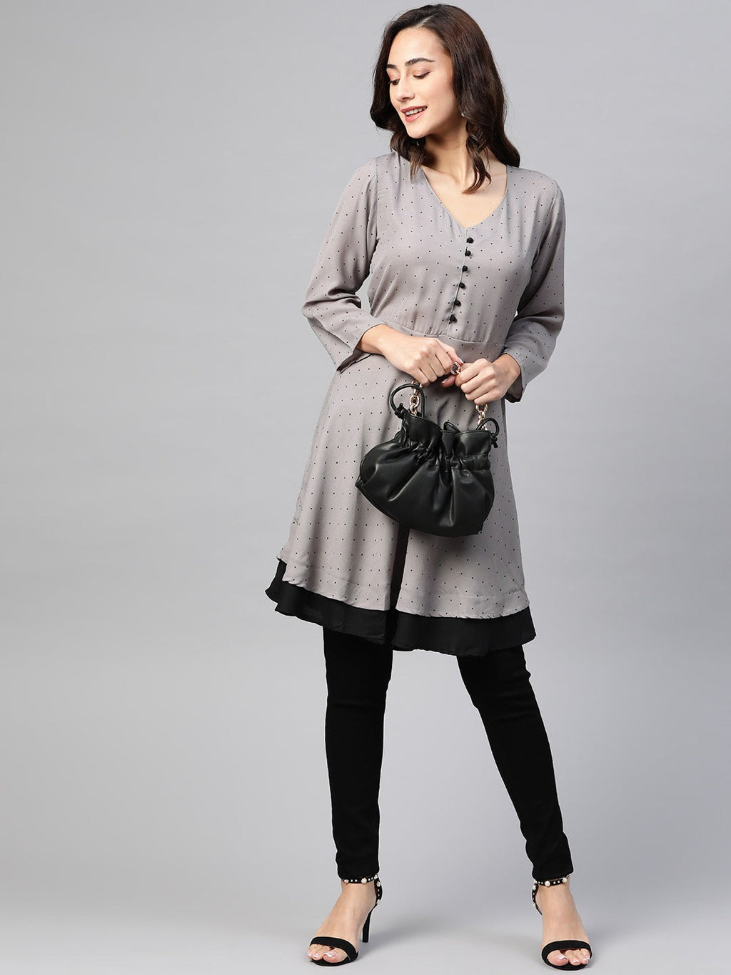 Jompers Women Grey & Black Polka Dots Printed Flaired Kurta