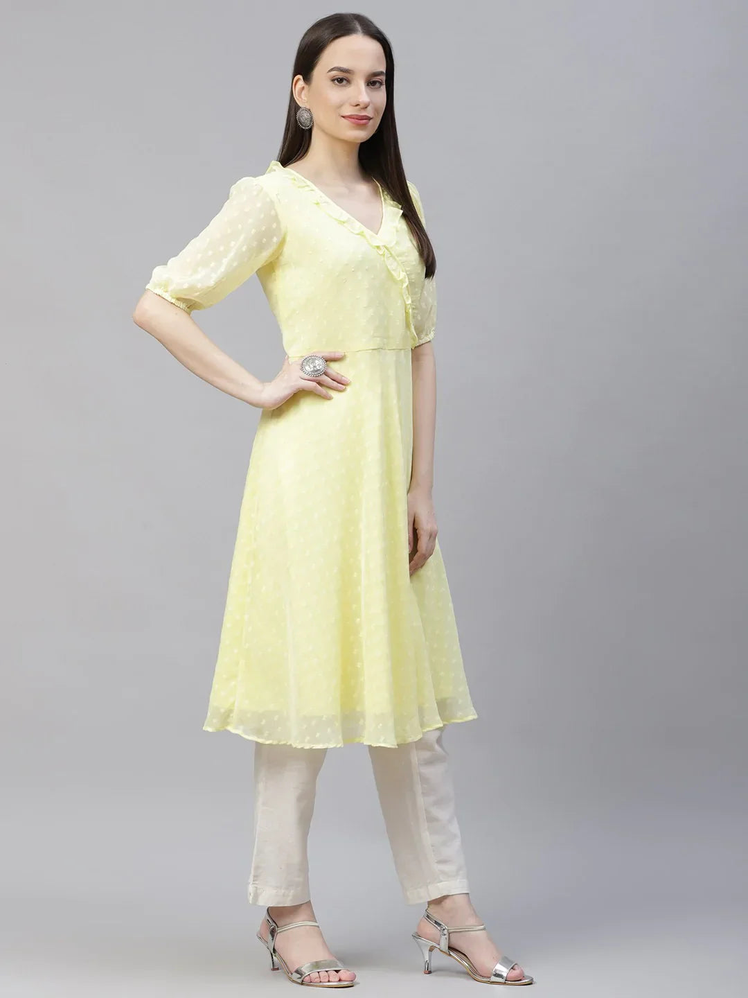 Jompers Women's Yellow Woven Design Flared Kurta