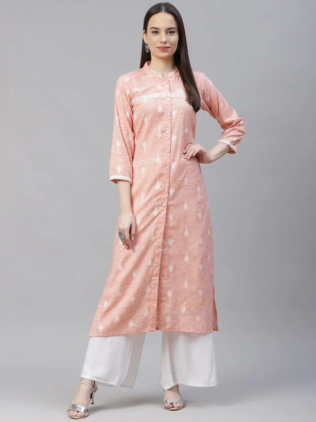 Jompers Women's Pink Ethnic Motifs Ikat Kurta with lace work