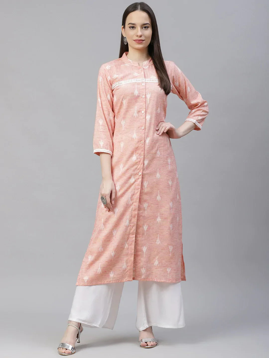 Jompers Women's Pink Ethnic Motifs Ikat Kurta with lace work