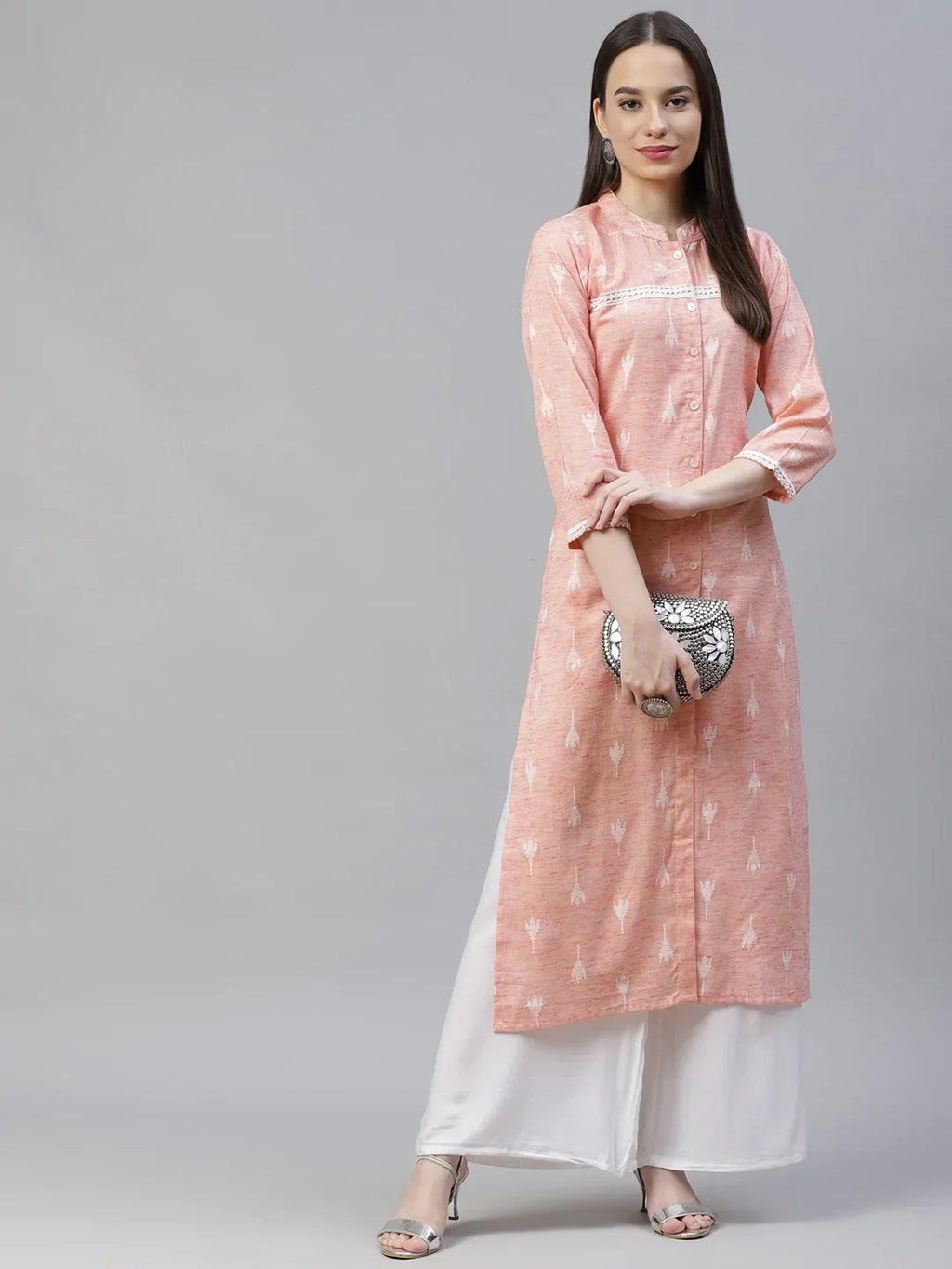 Jompers Women's Pink Ethnic Motifs Ikat Kurta with lace work