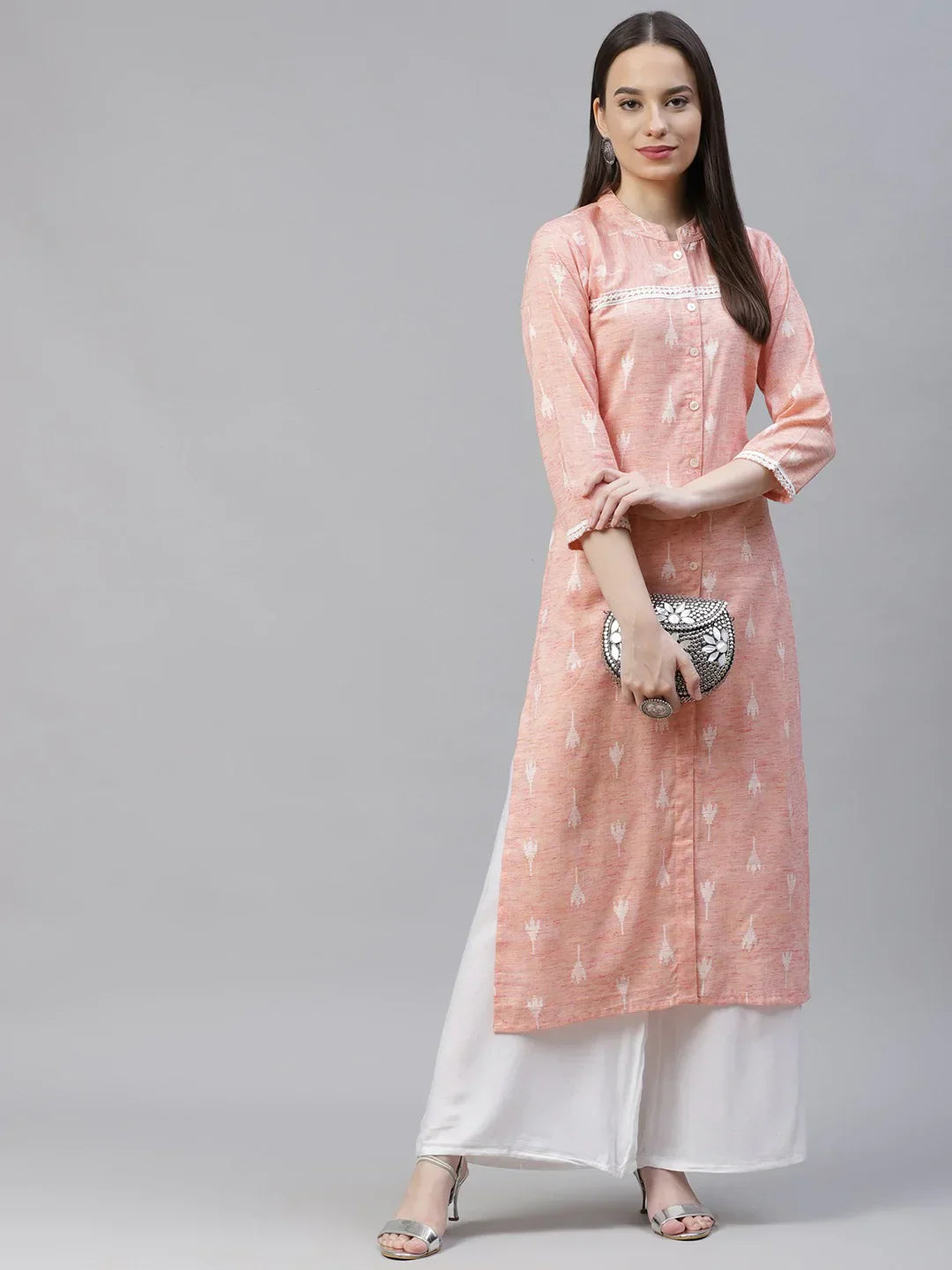 Jompers Women's Pink Ethnic Motifs Ikat Kurta with lace work