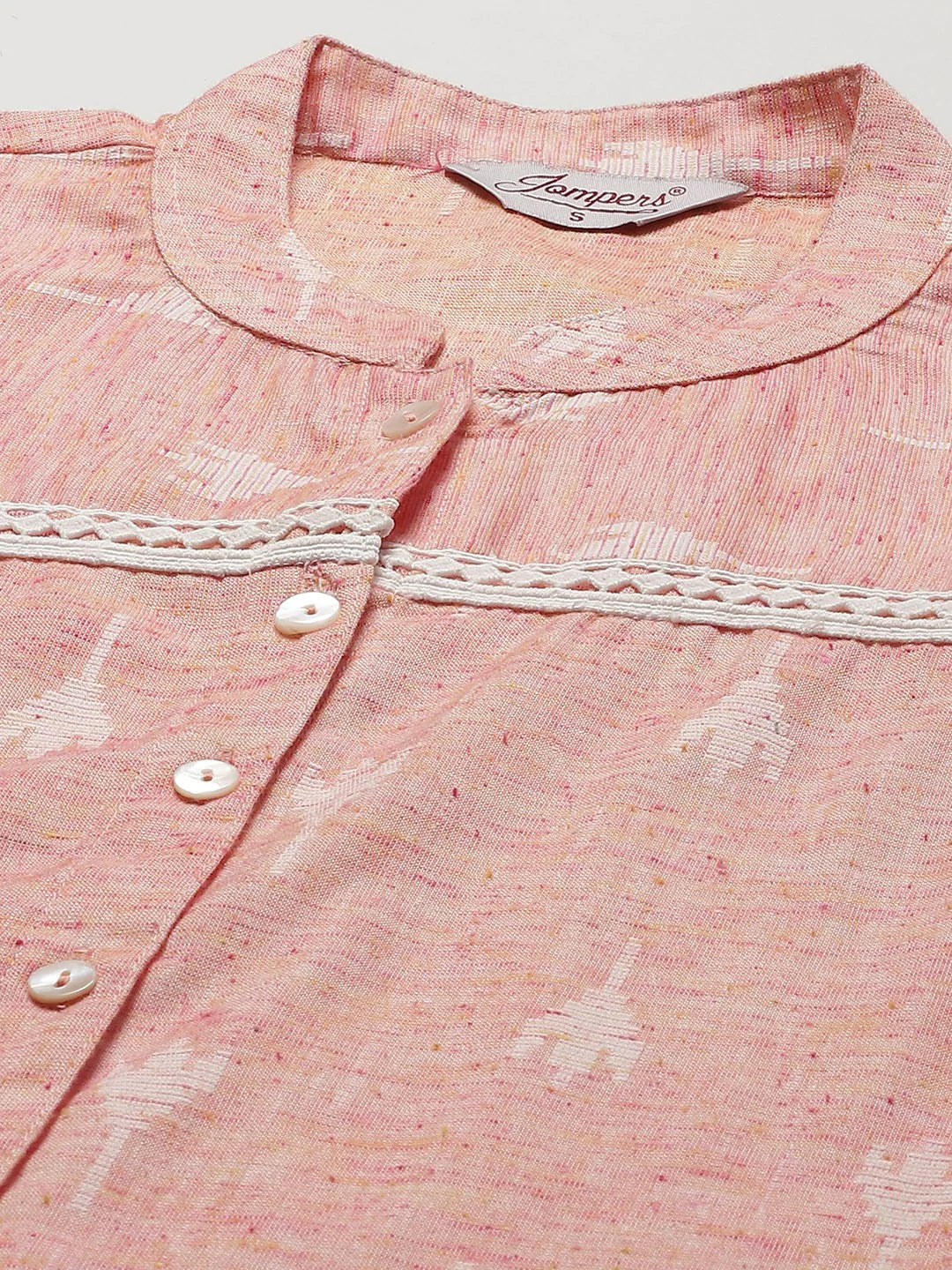 Jompers Women's Pink Ethnic Motifs Ikat Kurta with lace work