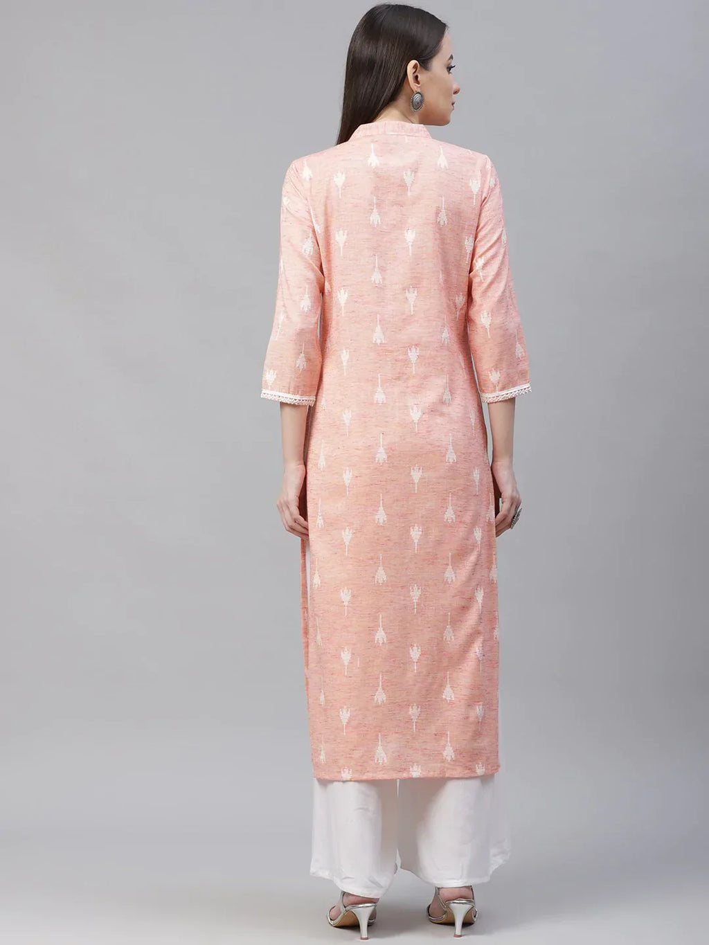 Jompers Women's Pink Ethnic Motifs Ikat Kurta with lace work