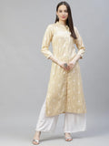 Jompers Women's Yellow Ethnic Motifs Ikat Kurta with lace work