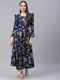 Jompers Women's Navy Blue & Pink Floral Printed Bell Sleeves Floral Anarkali Kurta
