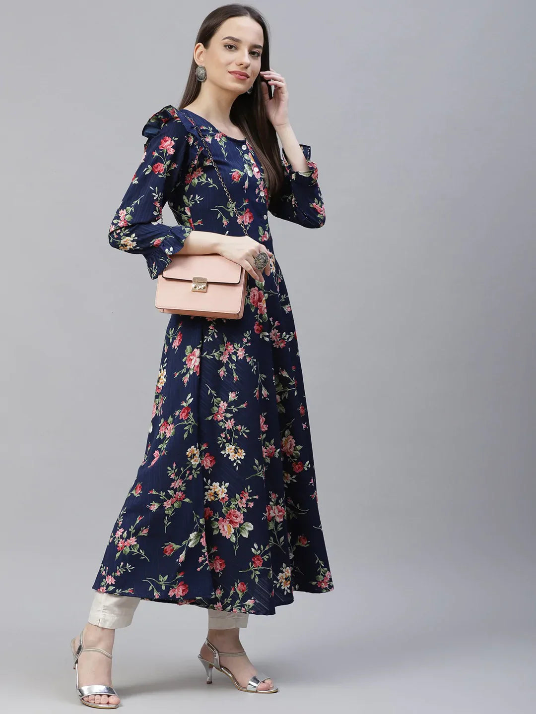 Jompers Women's Navy Blue & Pink Floral Printed Bell Sleeves Floral Anarkali Kurta