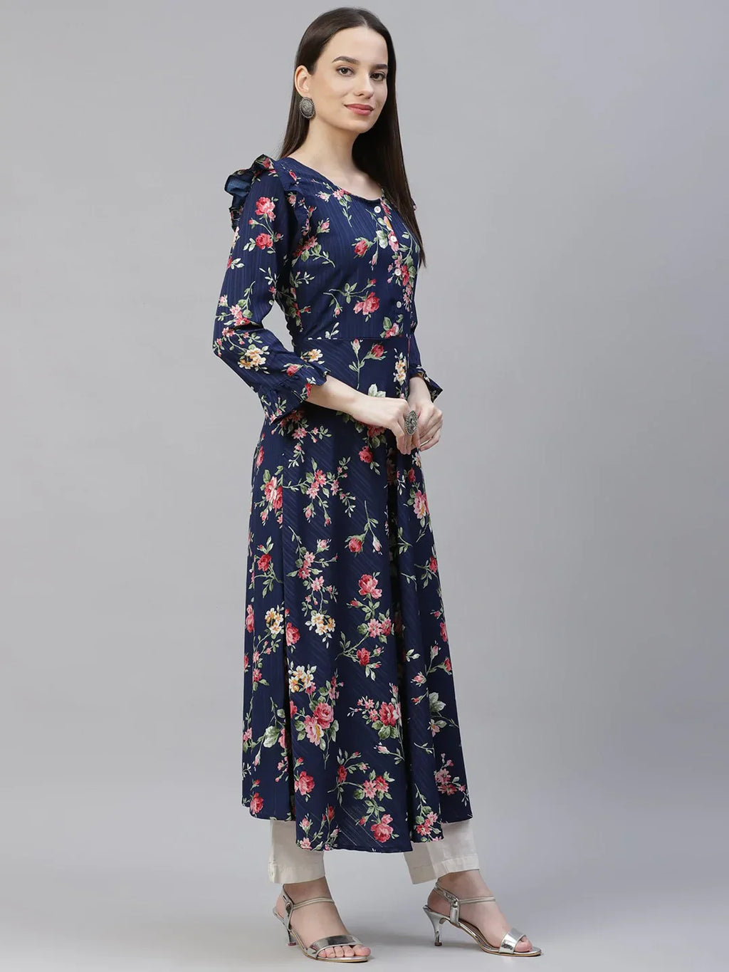 Jompers Women's Navy Blue & Pink Floral Printed Bell Sleeves Floral Anarkali Kurta