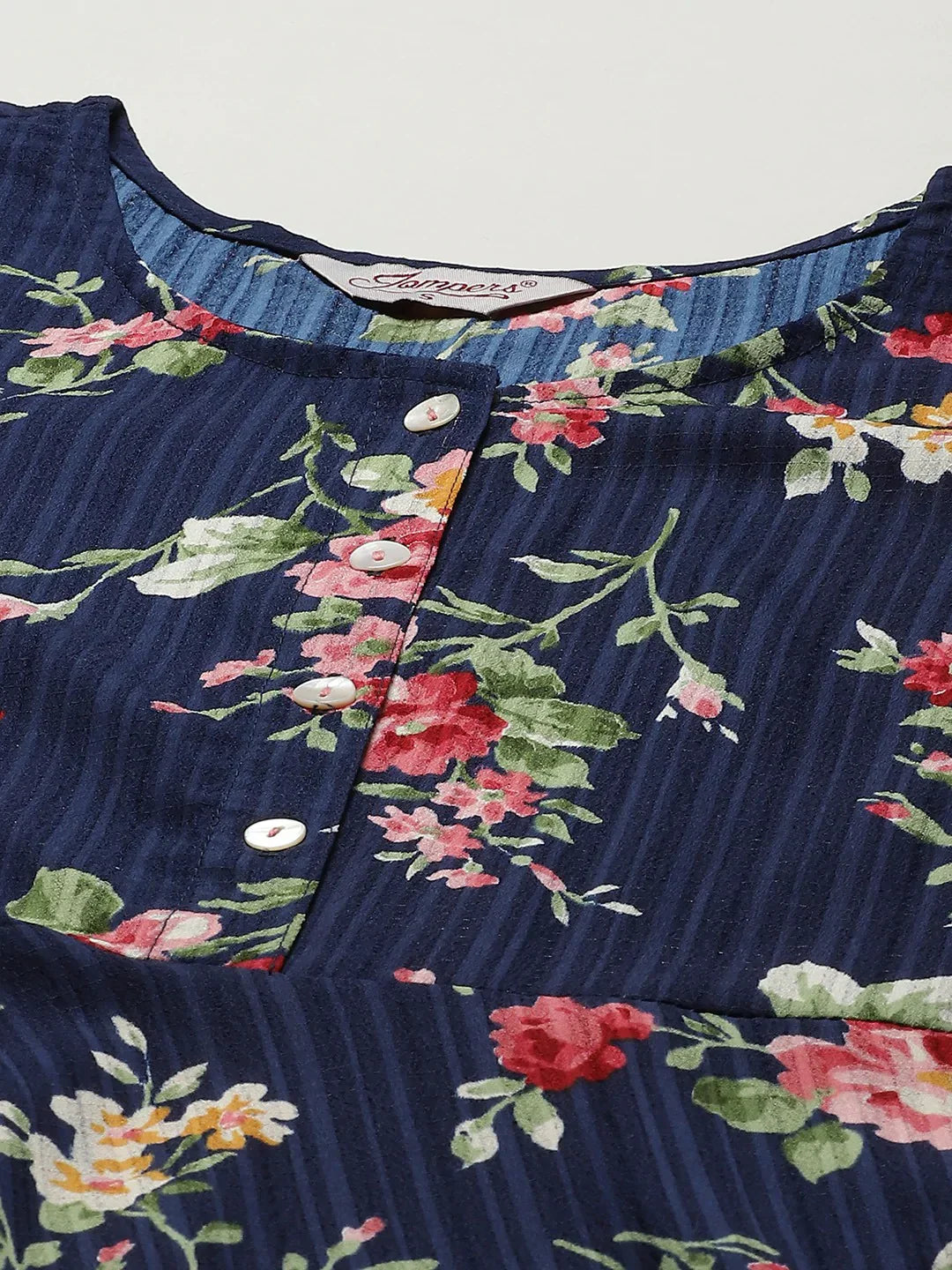 Jompers Women's Navy Blue & Pink Floral Printed Bell Sleeves Floral Anarkali Kurta