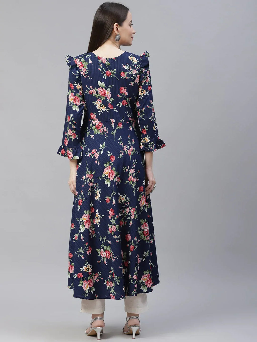 Jompers Women's Navy Blue & Pink Floral Printed Bell Sleeves Floral Anarkali Kurta