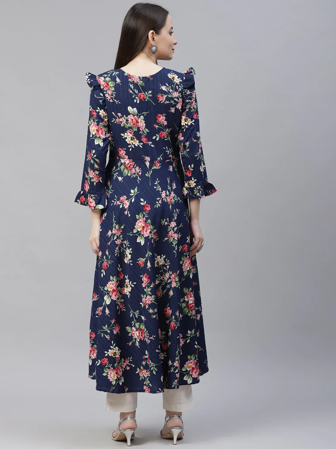 Jompers Women's Navy Blue & Pink Floral Printed Bell Sleeves Floral Anarkali Kurta