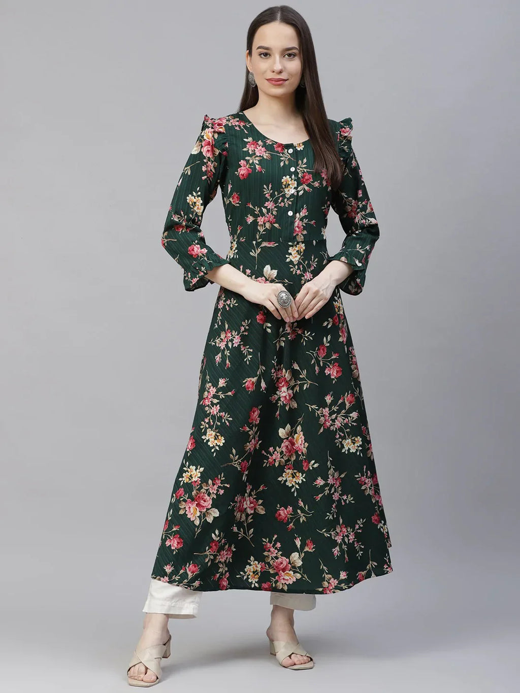 Jompers Women's Green & Pink Floral Printed Bell Sleeves Floral Anarkali Kurta