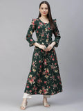 Jompers Women's Green & Pink Floral Printed Bell Sleeves Floral Anarkali Kurta