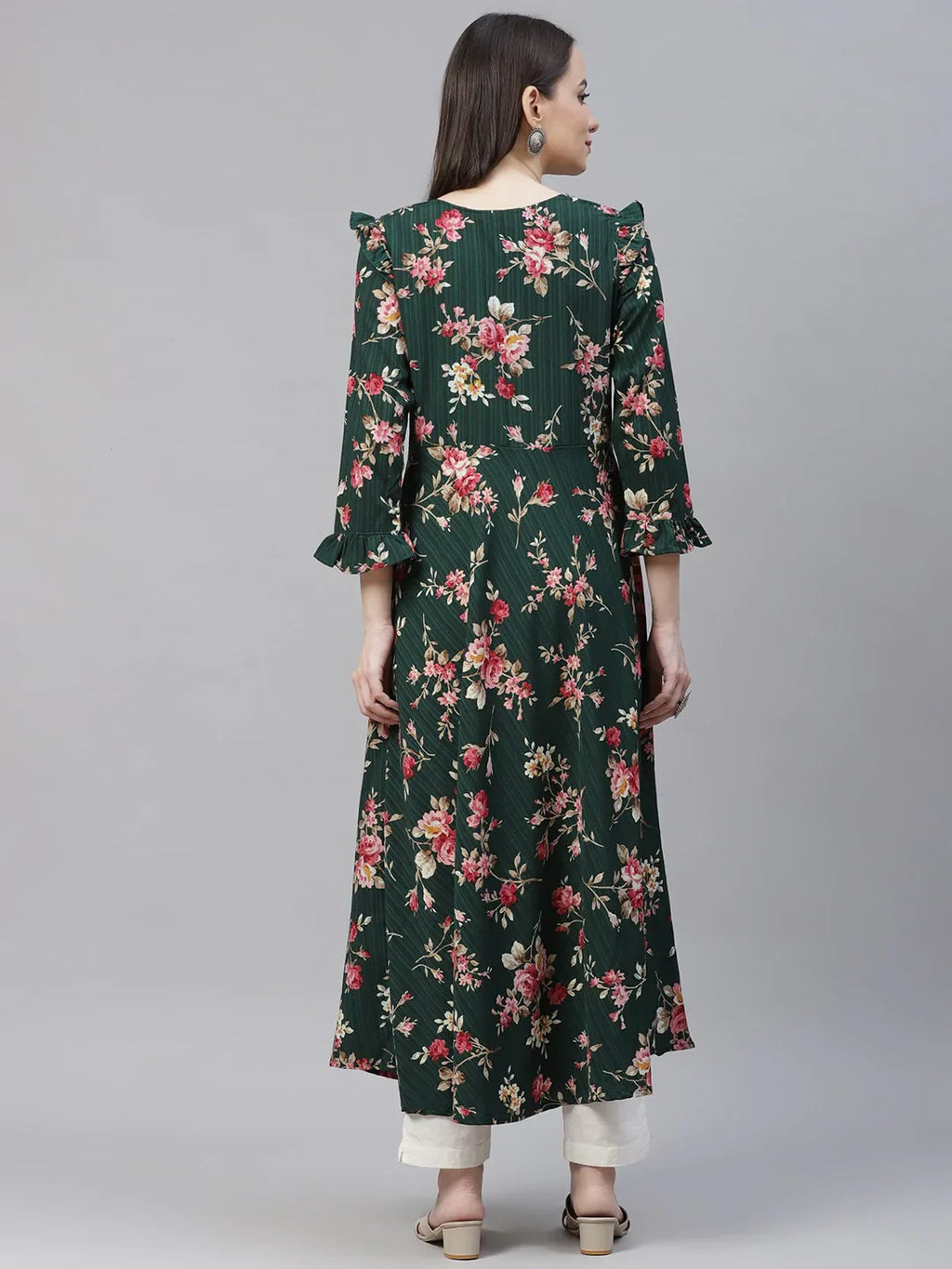 Jompers Women's Green & Pink Floral Printed Bell Sleeves Floral Anarkali Kurta