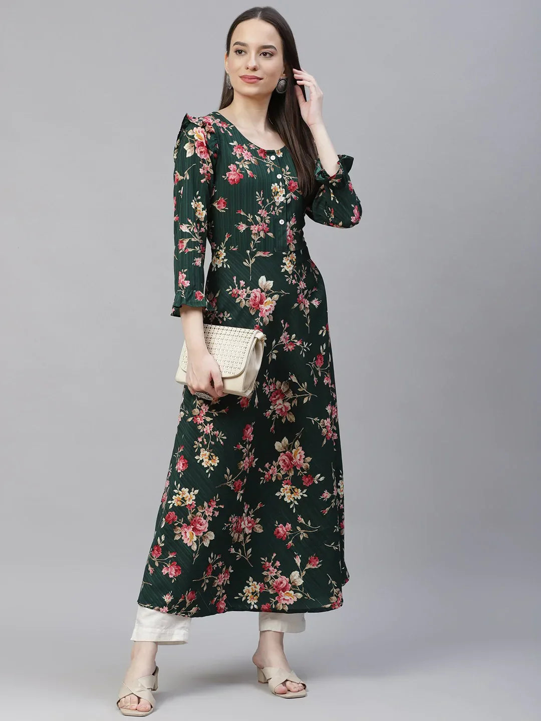 Jompers Women's Green & Pink Floral Printed Bell Sleeves Floral Anarkali Kurta