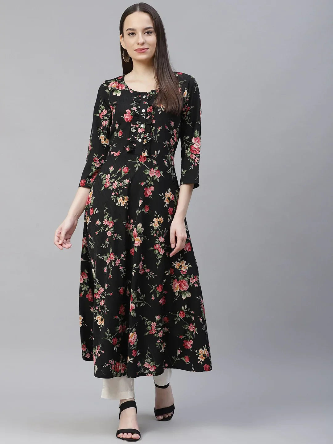 Jompers Women's Black Floral Printed Floral Anarkali Kurta
